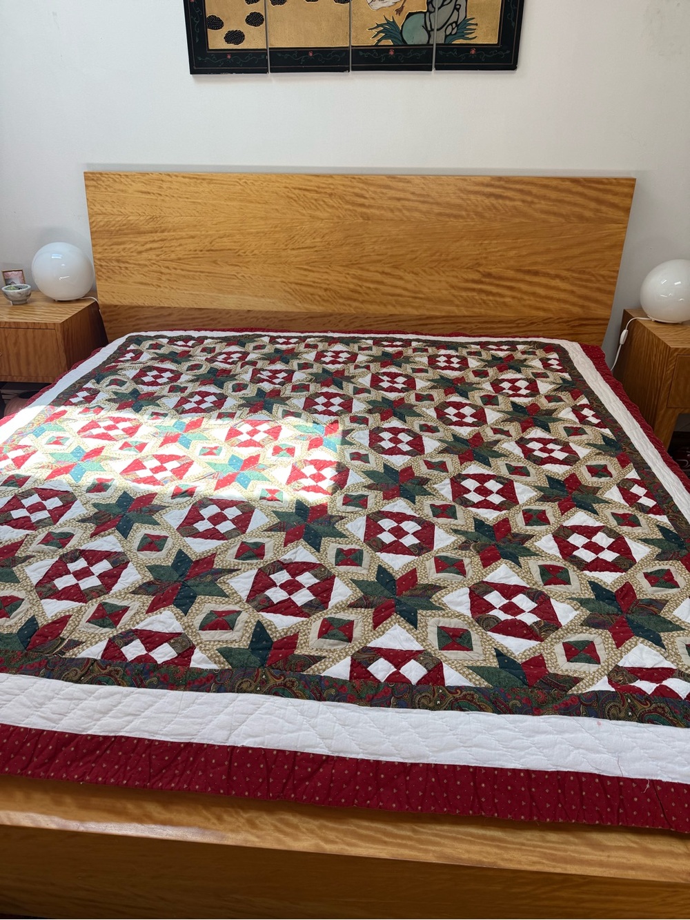 Handmade Red, Green and Cream Patchwork Quilt - Home Bedding